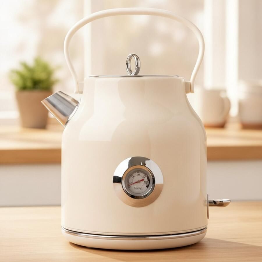 Sogiol Elektrische Waterkoker retro Inhoud 1 7 liter RVS Temperatuuradisplay 360° draaibaar Crème