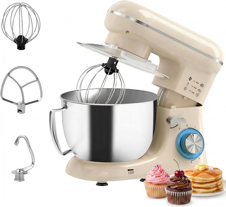 Sogiol Keukenmachine 1300W Keukenrobot 4.5L Foodprocessor met 6 standen Mixer met Mengkom BPA-vrij Keukenmixer 3 Accessoires Beige