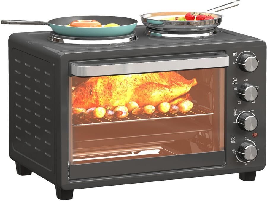 Sogiol Mini-oven met Kookplaten 28 L voor koken en grillen elektrische oven met bakplaat grillrooster 2600W zwart