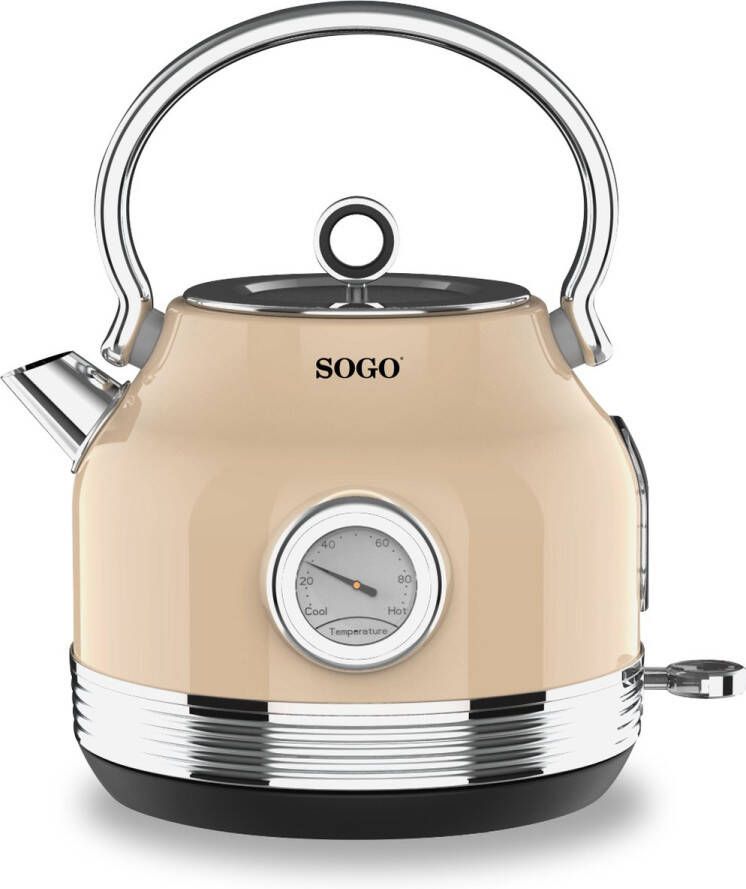 Sogo Retro Waterkoker Snoerloos RVS 1.8 Liter Met Thermometer 2200W Beige - Foto 2