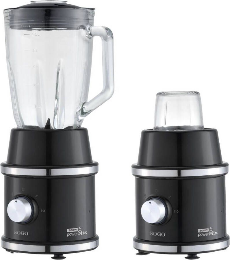 Sogo Blender en Hakmolen Smoothie Maker RVS messen 1.5 Liter 1300W Zwart