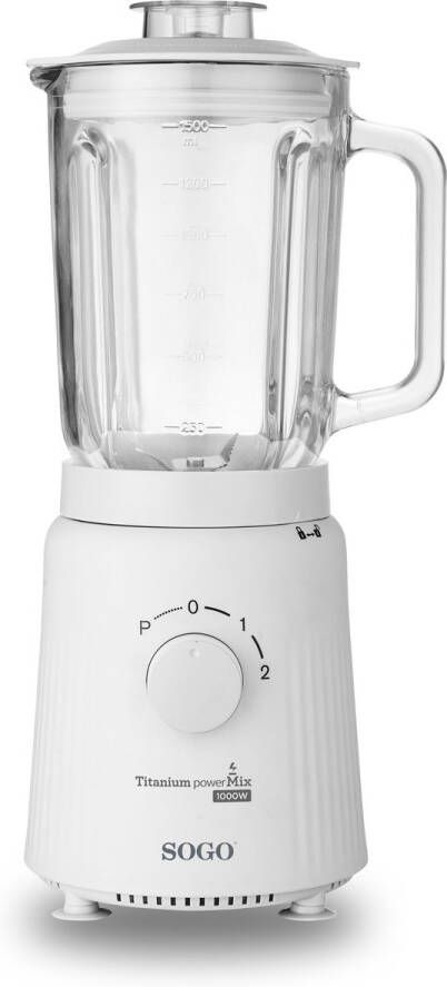 Sogo Blender met Glazen Kan 1.5 Liter Titanium Messen 2 Snelheden + Puls-functie IJsmaler Blender Smoothie 1000W Wit