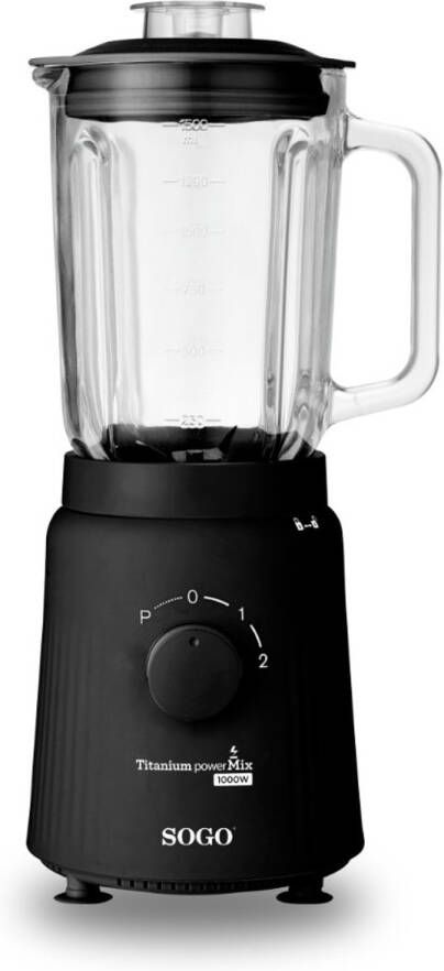 Sogo Blender met Glazen Kan 1.5 Liter Titanium Messen 2 Snelheden + Puls-functie IJsmaler Blender Smoothie 1000W Zwart