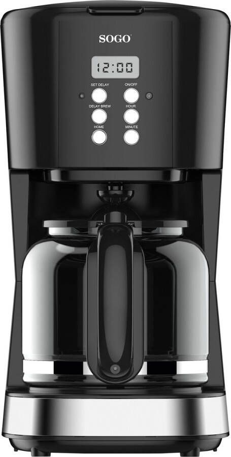 Sogo Filter-koffiezetapparaat met Glazen Kan Koffiezetapparaat voor Filterkoffie Instelbare Koffiesterkte Timer 1.5L 12 kopjes 900W Zwart