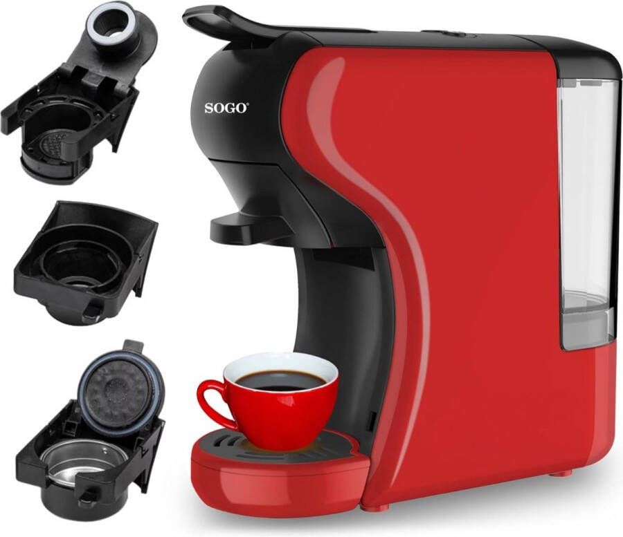 Sogo Koffiecupmachine Koffiemachine met 3-in-1 Compatibel Ontwerp 19 bar Geschikt voor Cups Pads en Gemalen Koffie 1450W Rood