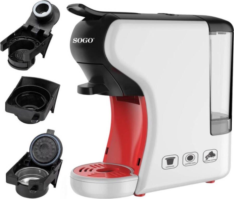 Sogo Koffiecupmachine Koffiemachine met 3-in-1 Compatibel Ontwerp 19 bar Geschikt voor Cups Pads en Gemalen Koffie 1450W Wit