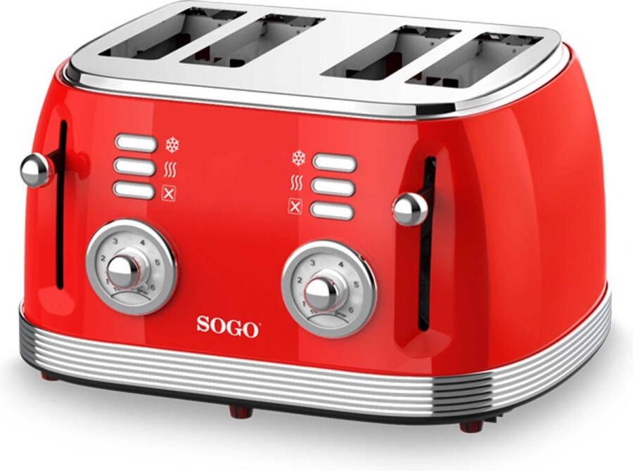 Sogo Retro Broodrooster Toaster Ontdooifunctie 6 Warmteniveaus 4 Sneden 1550W Rood - Foto 2