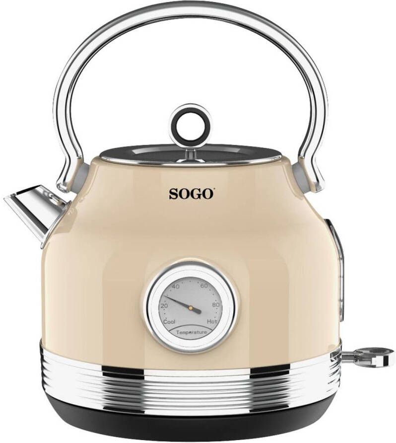 Sogo Retro Waterkoker Snoerloos RVS 1.8 Liter Met Thermometer 2200W Beige
