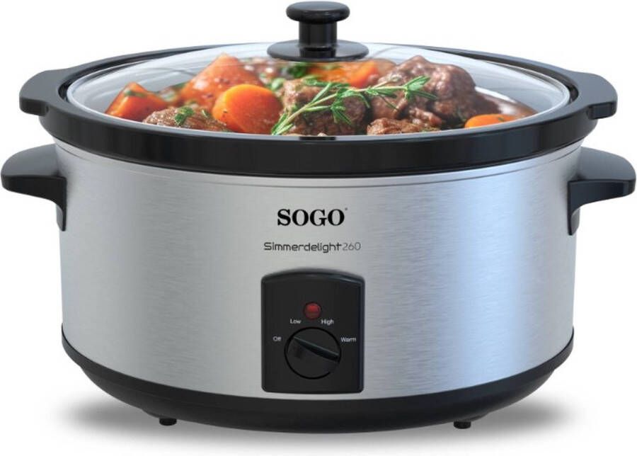 Sogo Slowcooker Geschikt voor 8 Personen 5.5 Liter 3 Kookfuncties 260W RVS