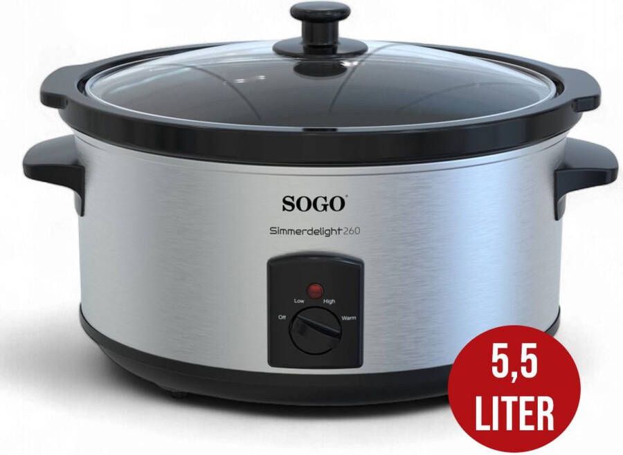 Sogo Slowcooker Geschikt voor 8 Personen 5.5 Liter 3 Kookfuncties 260W RVS