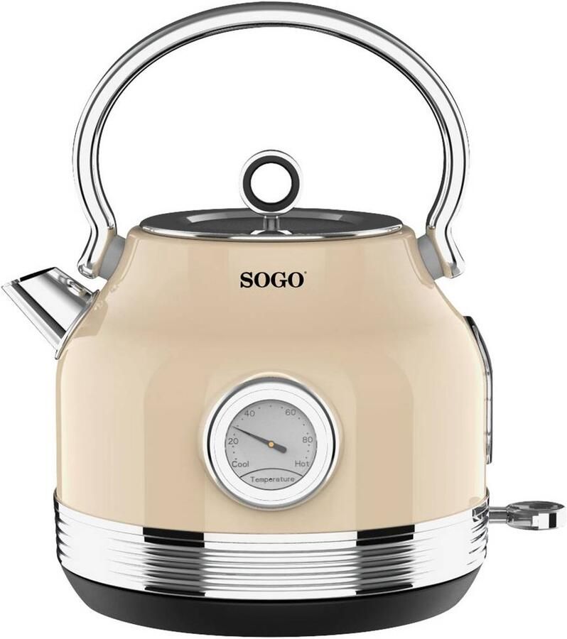 Sogo Retro Waterkoker Snoerloos RVS 1.8 Liter Met Thermometer 2200W Beige - Foto 2