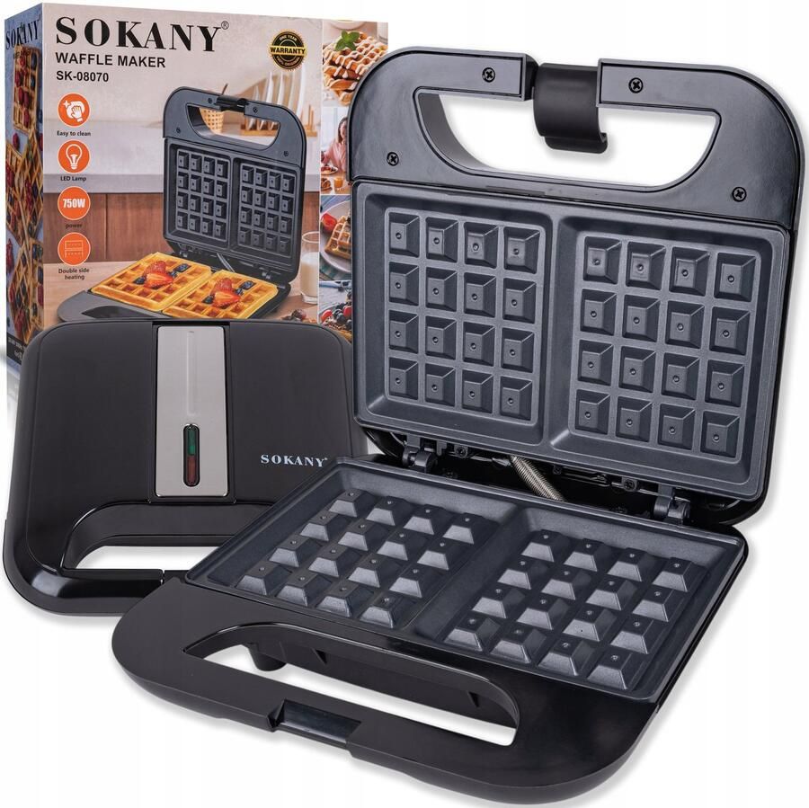 Sokany SK-08070 Wafelijzer 750W Voor 2 Belgische Gofres Antiaanbaklaag Dubbelzijdige Verwarming LED Indicatielampjes Compact Design