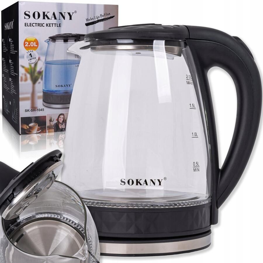 Sokany SK-SH-1045 Glazen Waterkoker 2.0 Liter 1500W Blauwe LED-verlichting 360° Draaibaar Automatische Uitschakeling RVS Accent