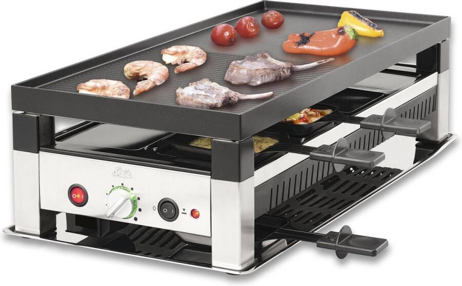 Solis 5 in 1 Tafelgrill 791 Gourmetstel 8 Personen Grill Wok Pizzamaker Raclette en Pannenkoeken Raclette Gourmet Set Bakplaat Gourmetten Zilver Zwart