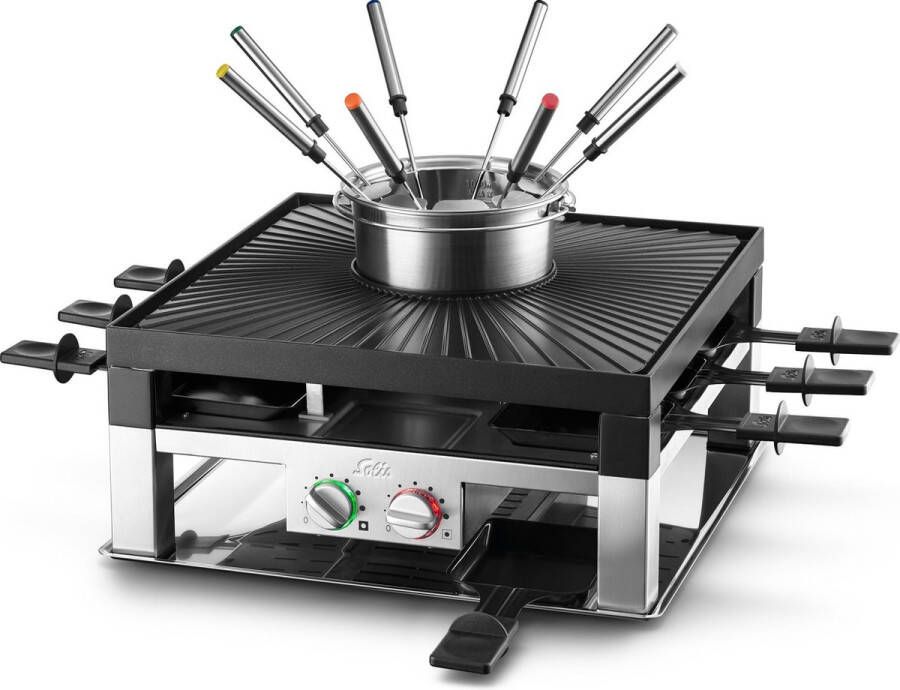Solis Combi Tafelgrill 3 in 1 796 Gourmetstel 8 Personen Fondue Raclette & Grill Fondueset Anti Aanbaklaag 1.3L Fonduepan Zilver Zwart - Foto 1