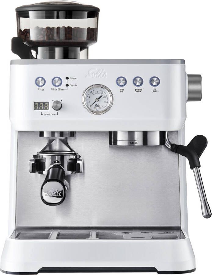 Solis Grind & Infuse Perfetta Pistonmachine Espressomachine met Maler RVS Koffiemachine met Ingebouwde Bonenmaler Wit