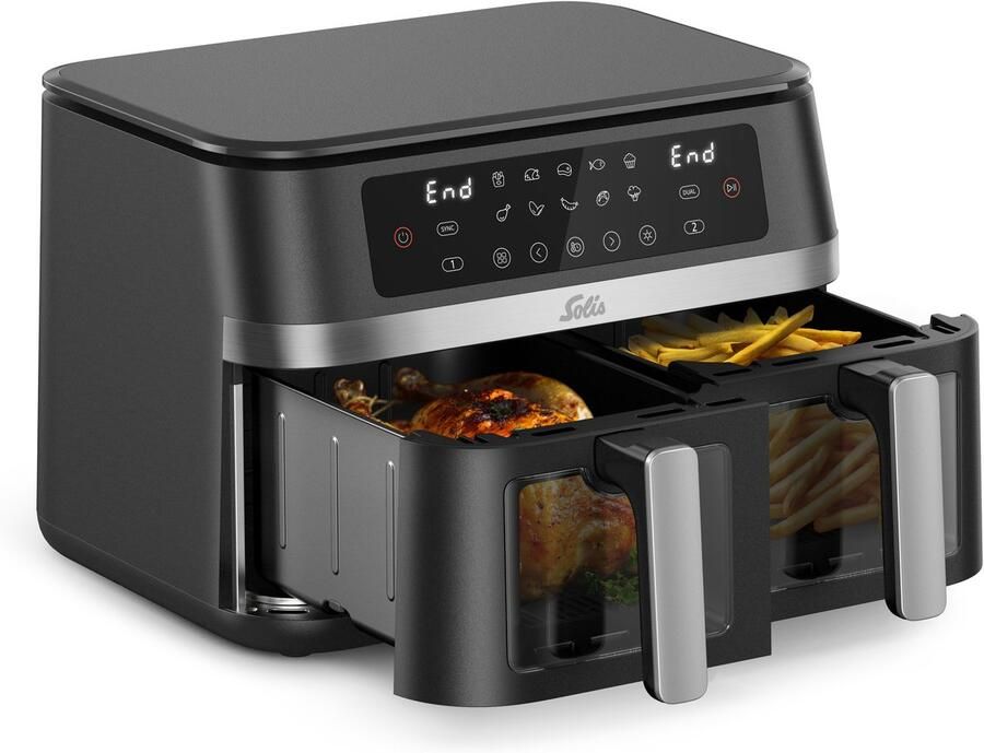 Solis Air Fryer Duo Dubbele Airfryer met 2 Lades 2200W Multifunctionele Heteluchtfriteuse PFAS-vrij Kijkvenster 11L 10 Verschillende Programma's – Zwart