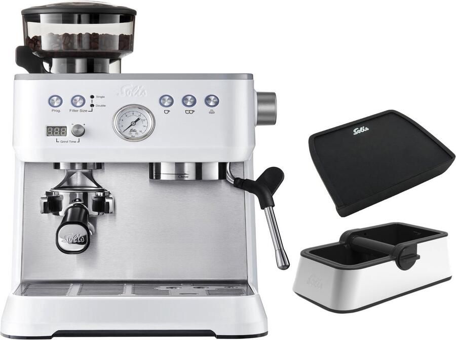 Solis Grind & Infuse Perfetta Pistonmachine Bundel Espressomachine inclusief Uitklopbak en Tampingmat Wit