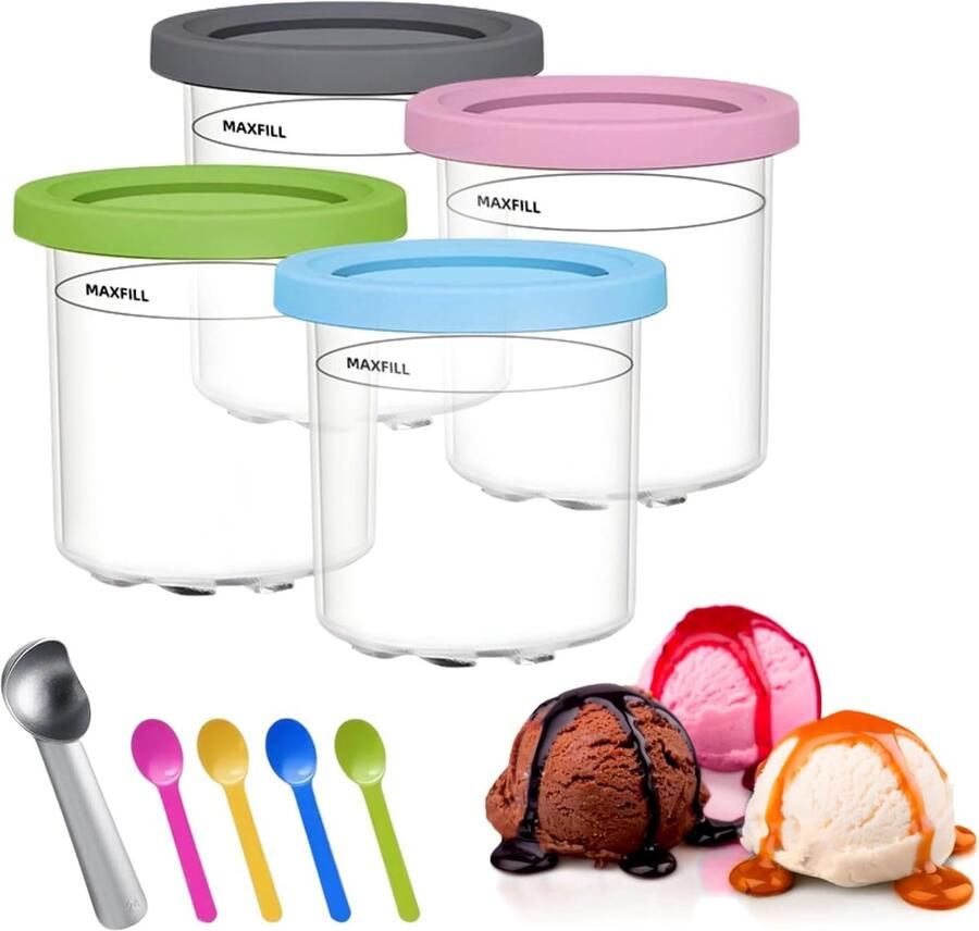 Sollbry 4-Pack Ijsbekers geschikt voor Ninja Creami (NC300 & NC301 en NC299AMZ Series) 16oz Ijsbakken met Deksels Bekers Geschikt voor Ninja Creami Ijsmachine Ijsmaker Ijsvormpjes Ijs Maken BPA-Vrij Vaatwasmachinebestendig en Lekvrij