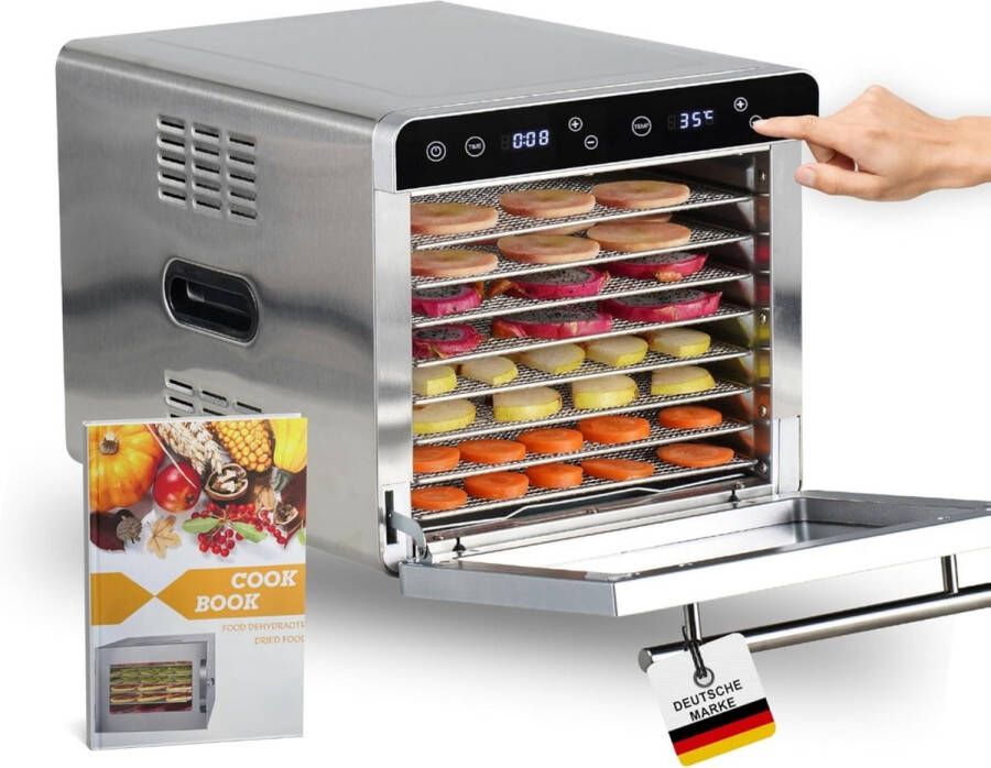 Sommertal Automatische Dehydrator Silence 700 XXL Ontvochtiger incl. 8 Roestvrijstalen Dehydratatierekken LED-Display 24-uurs Timer Instelbare Temperatuurinstelling (35°C-85°C) incl. Kookboek professionele Dehydrator 700W