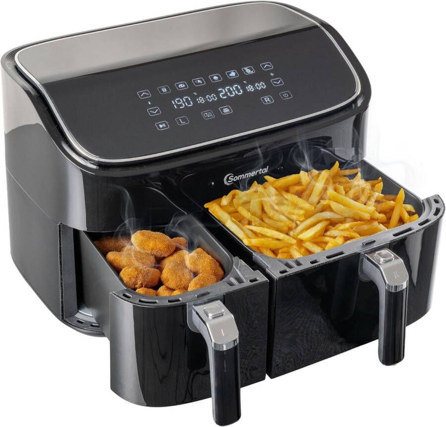 Sommertal HF DUAL 900 heteluchtfriteuse met dubbele kamer 9 liter XXL heteluchtfriteuse & dehydrator 2850 W Digitaal touchscreen 3D-luchtcirculatiesysteem Voorverwarmen Synchronisatiefunctie