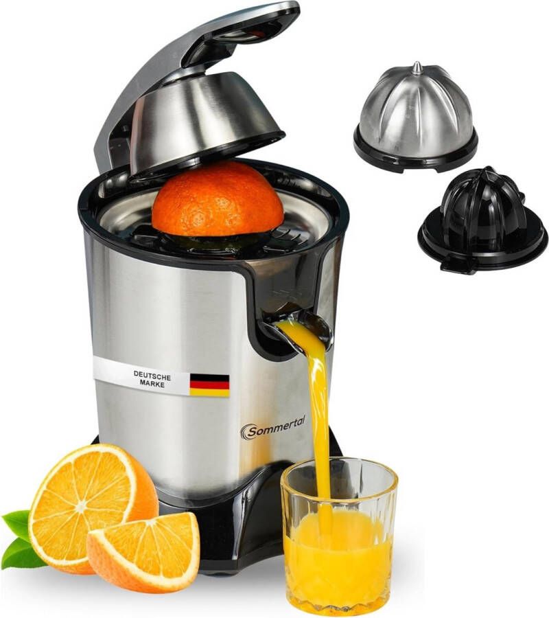 Sommertal Sapcentrifuge CP850 – Elektrische Citruspers 850W Motor Roestvrijstalen Behuizing 2 Perskegels voor Sinaasappels Citroenen Limoenen en Grapefruits Handmatige Bedieningsoptie