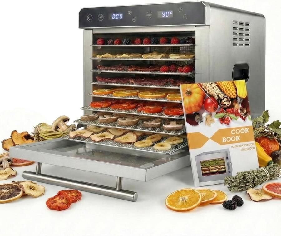 Sommertal Automatische Dehydrator Silence 700 XXL Ontvochtiger incl. 8 Roestvrijstalen Dehydratatierekken LED-Display 24-uurs Timer Instelbare Temperatuurinstelling (35°C-85°C) incl. Kookboek professionele Dehydrator 700W