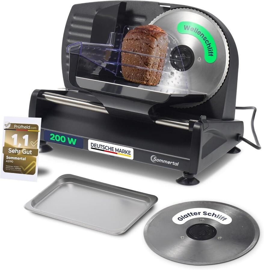 Sommertal Multifunctionele Snijmachine AS190 DUAL – 200W RVS Mes met Gegolfde en Gladde Snede Elektrische Snijmachine voor Brood Kaas Vlees Dikte Verstelbaar (0-15mm)