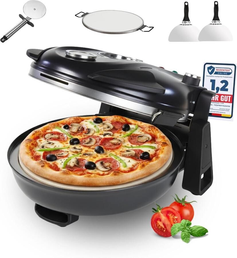 Sommertal PizzaProfi Elektrische Pizzaoven met 39cm of 32cm Steenplaat Snelle 3-Minuten Pizza tot 400°C 5-delige set met Paninzet 2x Pizzaschuiver Snijder Pizzasteen
