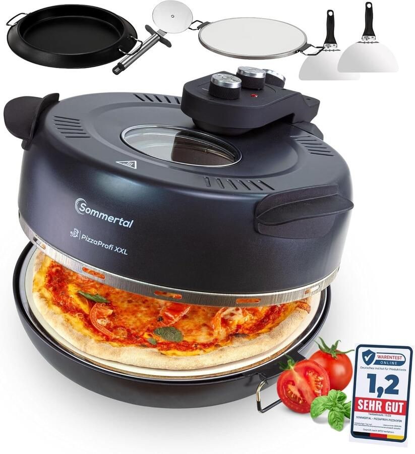 Sommertal PizzaProfi Elektrische Pizzaoven met 39cm of 32cm Steenplaat Snelle 3-Minuten Pizza tot 400°C 5-delige set met Paninzet 2x Pizzaschuiver Snijder Pizzasteen