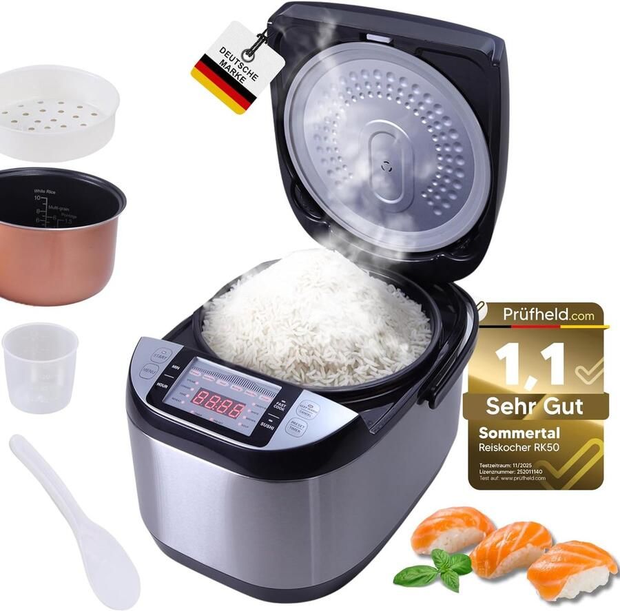 Sommertal rijstkoker 5 liter XXL voor 1 tot 15 personen 790 W Multikoker met touchscreen 3D-verwarmingssysteem warmhoudfunctie afneembare kabel van 105 cm Stoomkoker met stoominzet en accessoires RK50