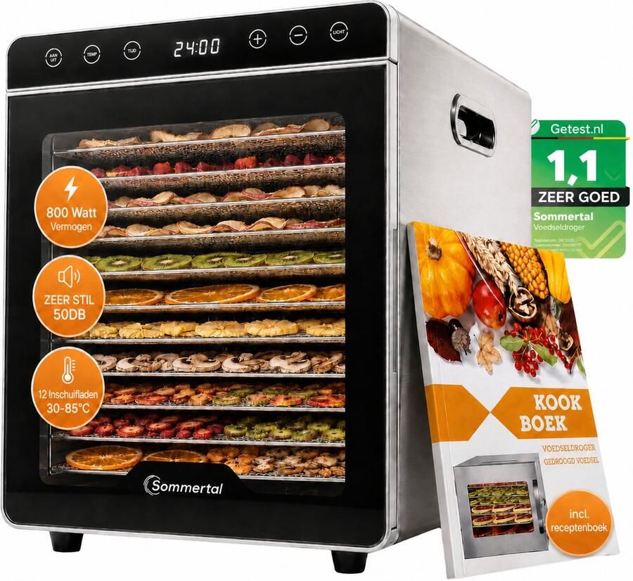 Sommertal Silence 800 voedseldroger 12 roestvrijstalen roosters 800 watt 30–85 °C 24-uurs timer