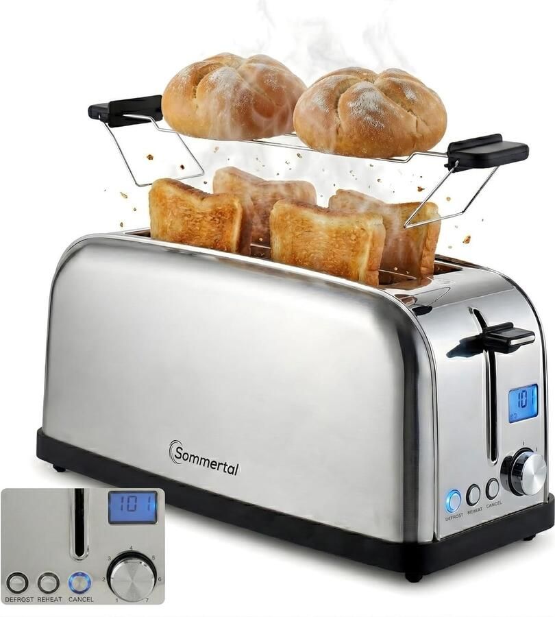 Sommertal Toaster ST1500 XXL – 4 Slices Broodjesopzet Display met Timer en Resttijd Retro Design Langsleuf RVS 1500W Broodrooster