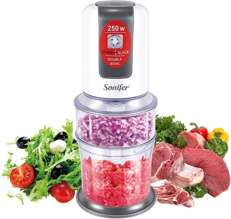 Sonifer SF-8051 Hakmolen 250W 2 Snelheden Quad Blade Dubbele Kom 500 ml + 200 ml Vaatwasserbestendig Wit