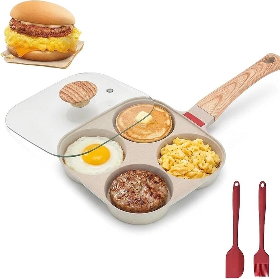 Spiegeleipan met Deksel Wit Anti-aanbak Pannenkoekenpan met 4 Kopjes Voor Gasfornuis en Inductiekookgerei