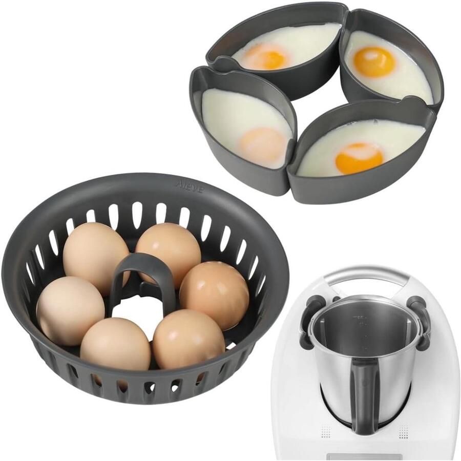 SSTRWGOOD 2-in-1 Eierkoker en Pochereerhouder geschikt voor Thermomix TM5 TM6 TM31 – BPA-vrij – Geschikt voor 4 Gepocheerde en 6 Gekookte Eieren – Vaatwasserbestendig – Kunststof – 17x17x7cm – Zonder Pan – Alleen de beugel