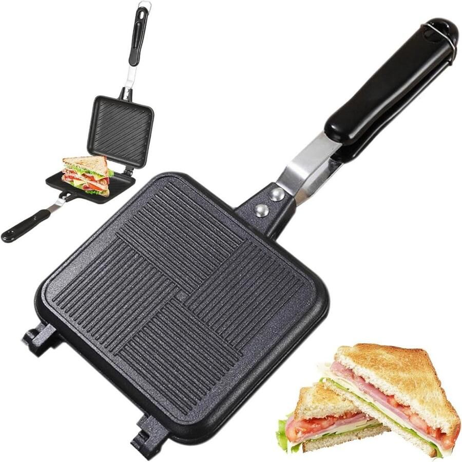 SSTRWGOOD Dubbelzijdige tosti-ijzer koekenpan – Pan met antiaanbaklaag geschikt voor tosti's quesadilla's en panini's – Camping-tosti-ijzer – Ideaal geschikt voor kamperen en ontbijt – Zwart