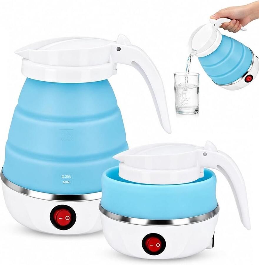 SSTRWGOOD Opvouwbare siliconen waterkoker 0 6 liter 600 W Reiswaterkoker Roestvrijstalen voet Draagbare mini-waterkoker Geschikt voor buitenactiviteiten zoals wandelen en survival in de wildernis Blauw