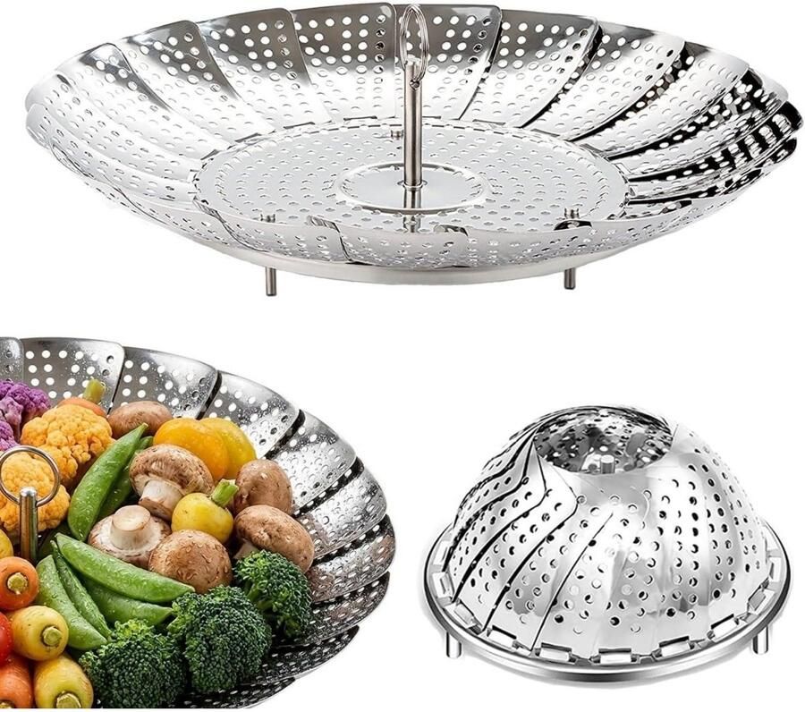 SSTRWGOOD Stoomkoker Inox Plooibare Stoommand 23cm (Uitgevouwen) 14cm (Ingevouwen) Roestvrijstalen Groentestomer met 3 Voetjes en Handgreep Geschikt voor Autocuiseur Magnetron en Vaatwasser