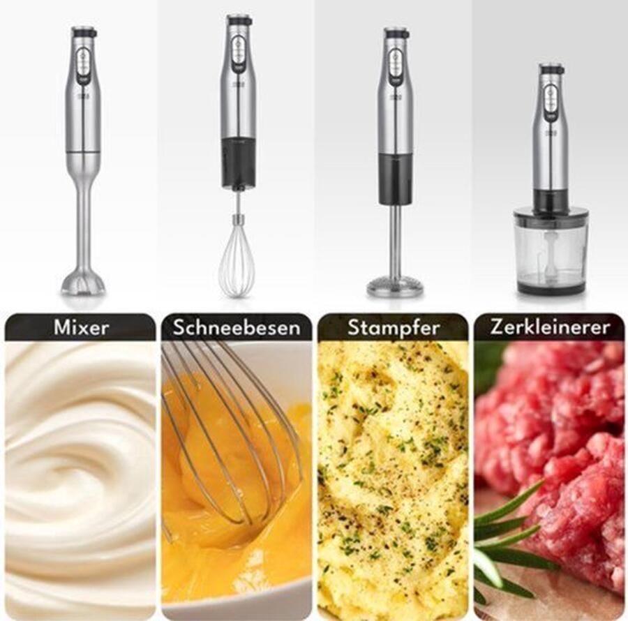 Staafmixer Set 1200 W RVS Met 1 Liter Inhoud Hand Blender Keukenmachine 6 Snelheden En Turbo Inclusief Hakmolen En Garde Elektrisch Met Snoer