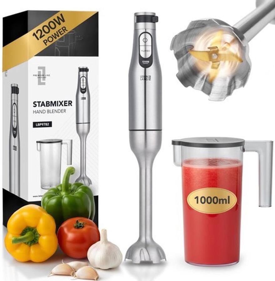 Staafmixer Set 1200W RVS Inkl. 1000ml Maatbeker & Spatbescherming I Traploos Instelbaar & Turbo I Hand Blender Keukenmachine Elektrische Mixer Staafmixerset Blender Smoothiemaker