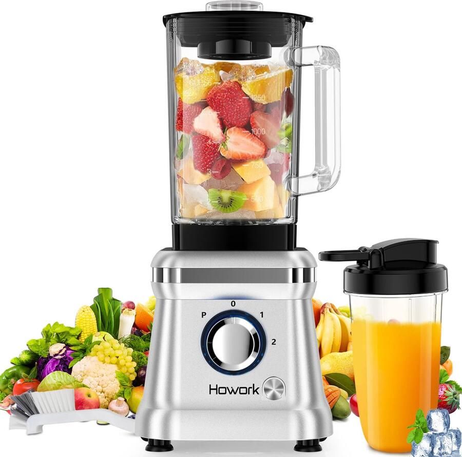Staande mixer krachtige blender 1200 W blender smoothie maker 1 6 l glas 2 snelheden + impulsfunctie 6 messen van roestvrij staal met 400 ml reisbeker en borstel (zilver)