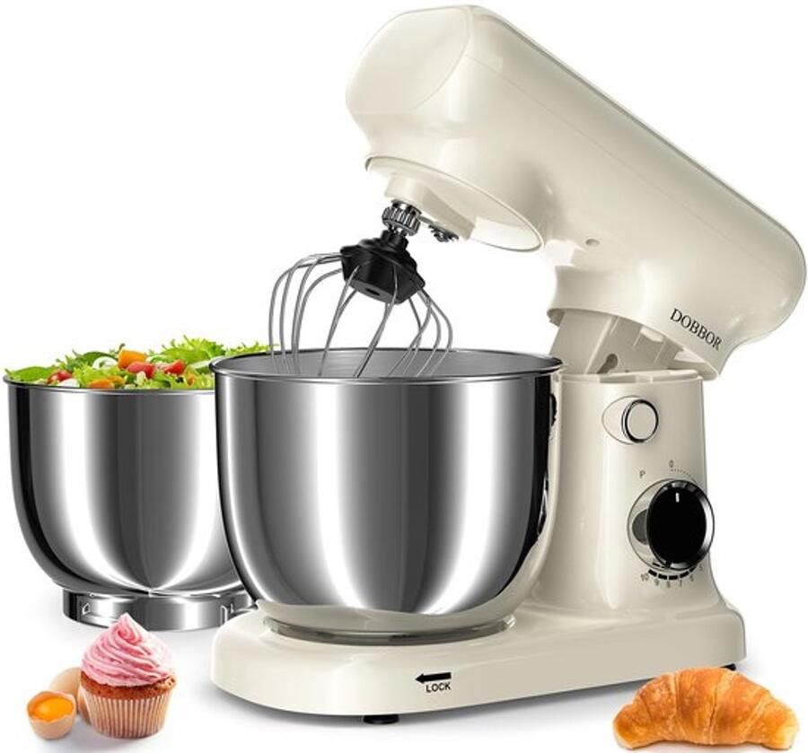Staande mixer met 2 5 l + 3 l dubbele schalen 10 versnellingen elektrische bosmaaier 1500 W inclusief ei-slag deegslak en platte schraper voor thuis en dagelijks koken (wit)