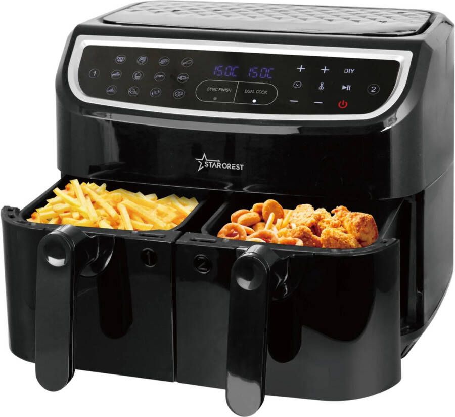 Starcrest SFR-9024BK Dubbele airfryer Hetelucht friteuse 2 x 4.5 liter 12 programma's Dual cook functie 80 tot 200°C 2400 watt Zwart