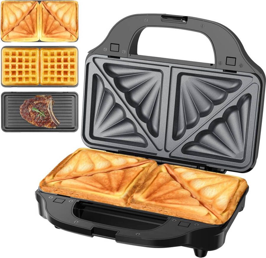 StayPowered Tosti Apparaat 3 in1 Multifunctioneel Apparaat Voor Heerlijke Maaltijden! Verwisselbare Platen Antiaanbaklaag Eenvoudige Bediening Compact Design Energiezuinig Zwart Levering Sneller dan Aangegeven!