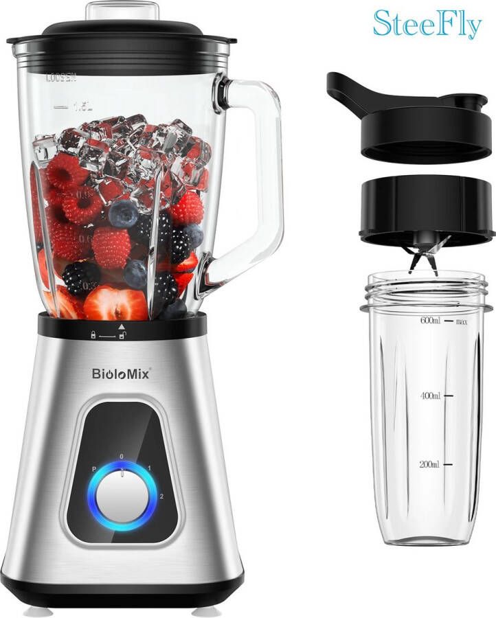 SteeFly 1300W Power Blender Met Gratis Drinkbeker 1 5 L Glazen Pot 3 Standen(1 2 & Power) Makkelijk afwasbaar 40cm hoog