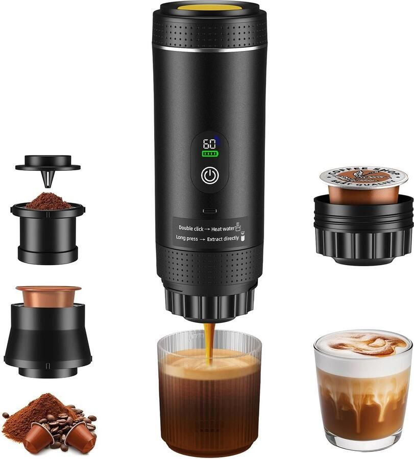 Stervia Draagbare Koffiemachine Reiskoffiezetapparaat Tot 5 Kopjes Koffie Capsules En Poeder USB C ingang Zwart 25 x 7 4 cm