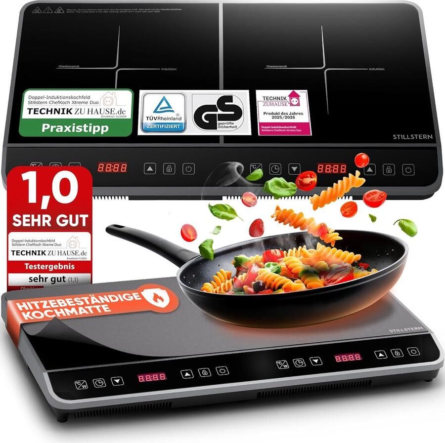 Stillstern dubbele inductiekookplaat Dubbele inductiekookplaat [3600 W] met stille functie en turboboost 12-28 cm 18 temperatuur- en vermogensstanden 24-uurs timer kinderslot touchbediening