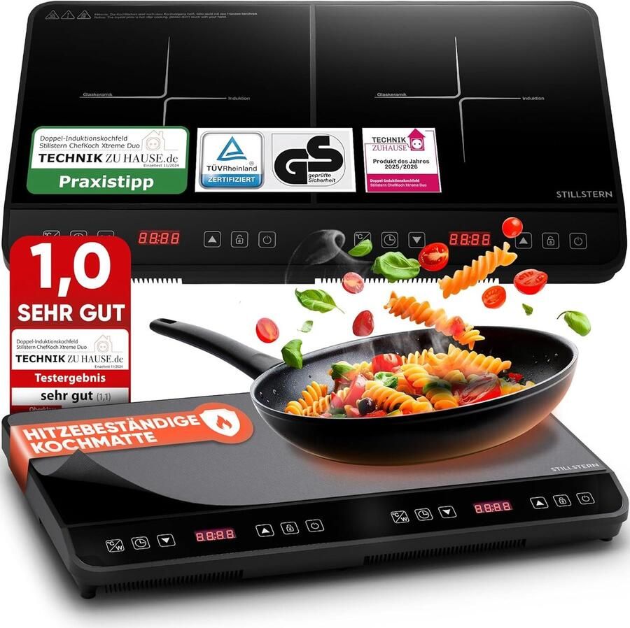 Stillstern dubbele inductiekookplaat Dubbele inductiekookplaat [3600 W] met stille functie en turboboost 12-28 cm 18 temperatuur- en vermogensstanden 24-uurs timer kinderslot touchbediening