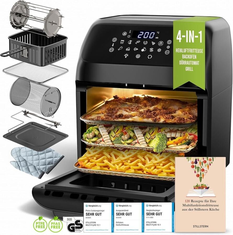 Stillstern Heteluchtfriteuse 12 l met led-touchscreen XXL-receptenboek in het Duits 12 programma's voorverwarmen en warmhouden 1800 W heteluchtfriteuse Air Fryer XXL zonder olie Drogen Minibakoven Campinggrill